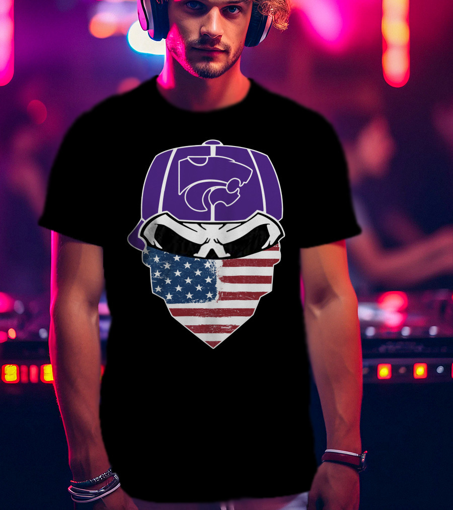 Kansas State Wildcats American Flag Skull Hat T-Shirt