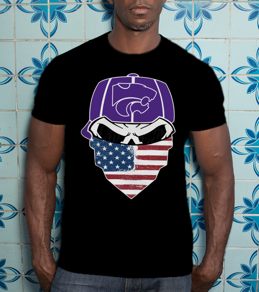 Kansas State Wildcats American Flag Skull Hat T-Shirt