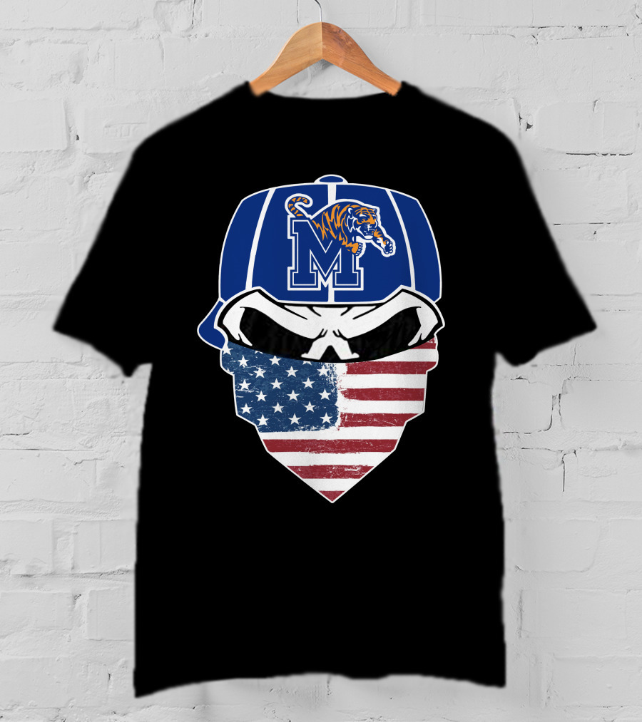 Memphis Tigers Skull Wearing American Flag Bandana With Logo Hat T-Shirt