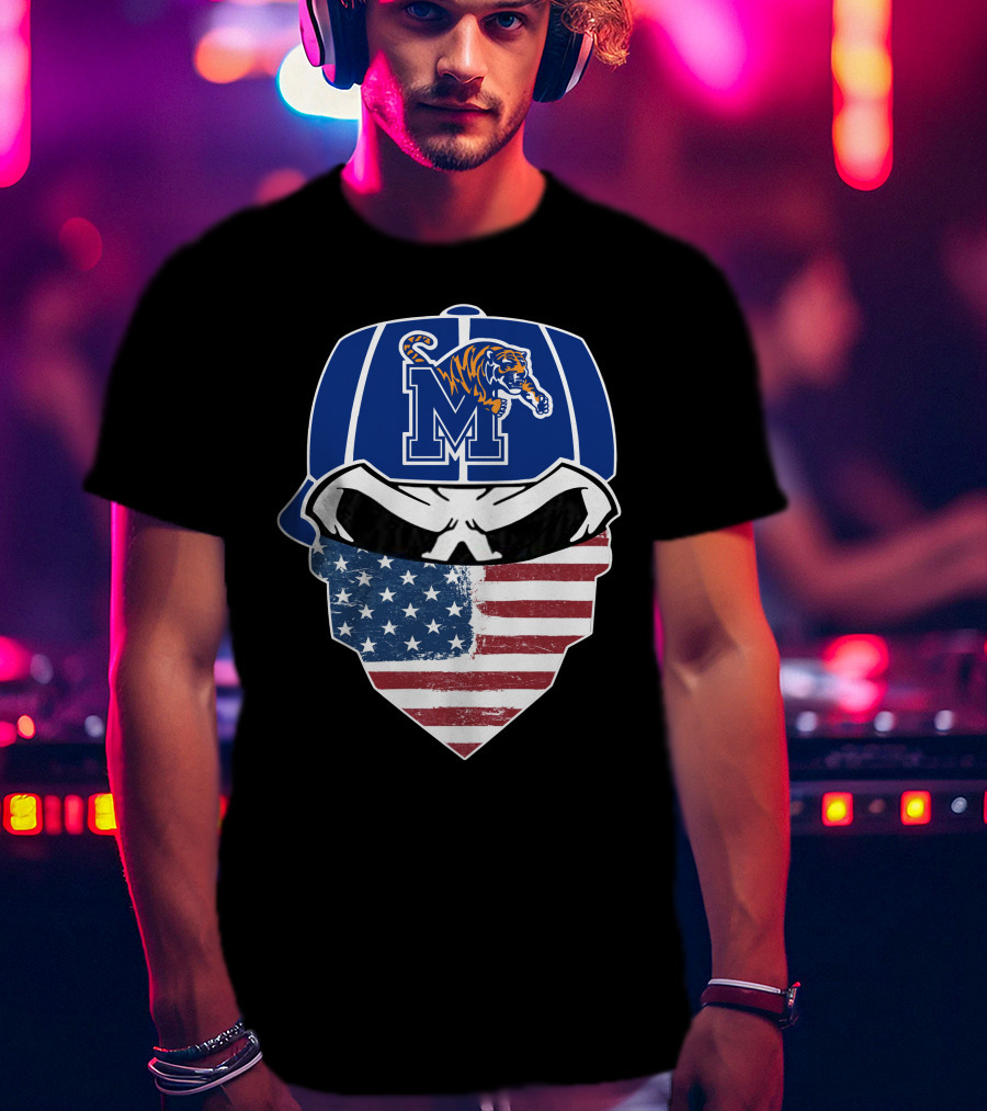 Memphis Tigers Skull Wearing American Flag Bandana With Logo Hat T-Shirt