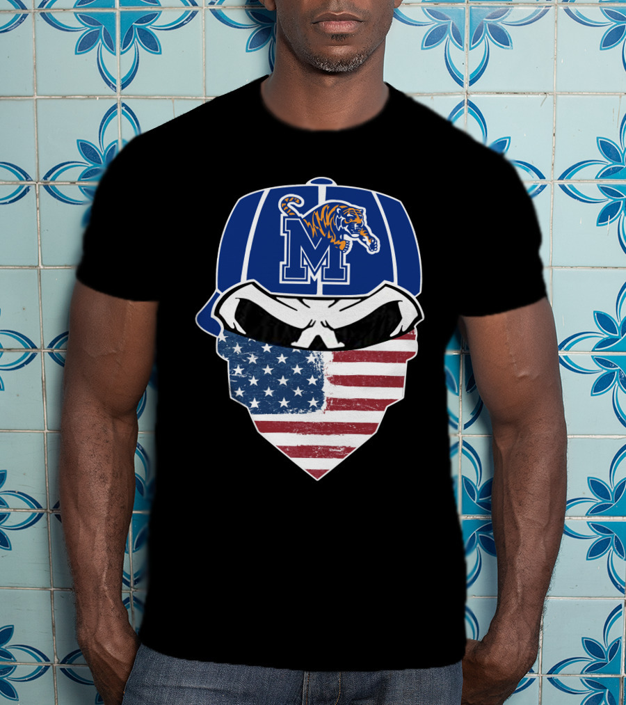 Memphis Tigers Skull Wearing American Flag Bandana With Logo Hat T-Shirt