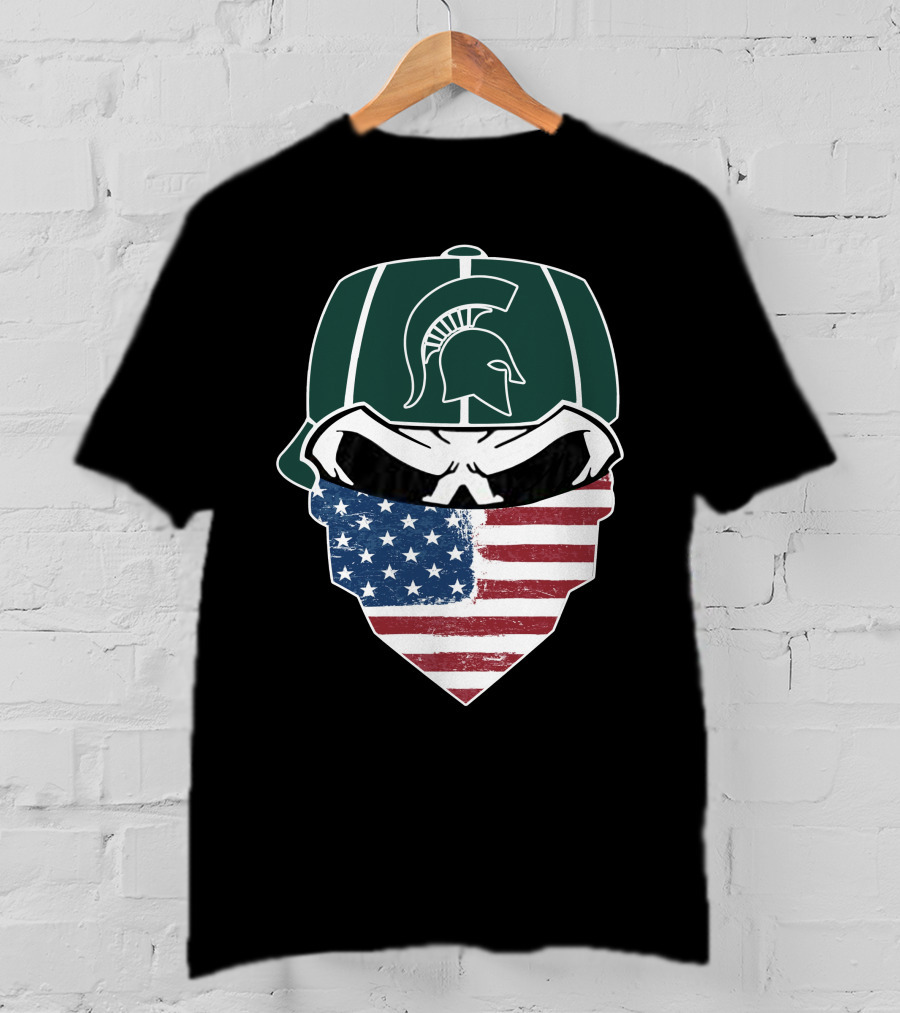 Michigan State Spartans Skulls Helmet With American Flag Bandana T-Shirt