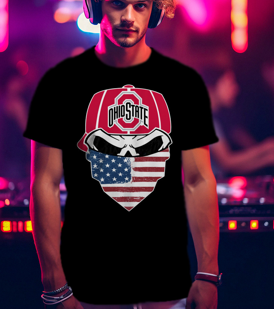 Ohio State Buckeyes Skull American Flag Bandana T-Shirt