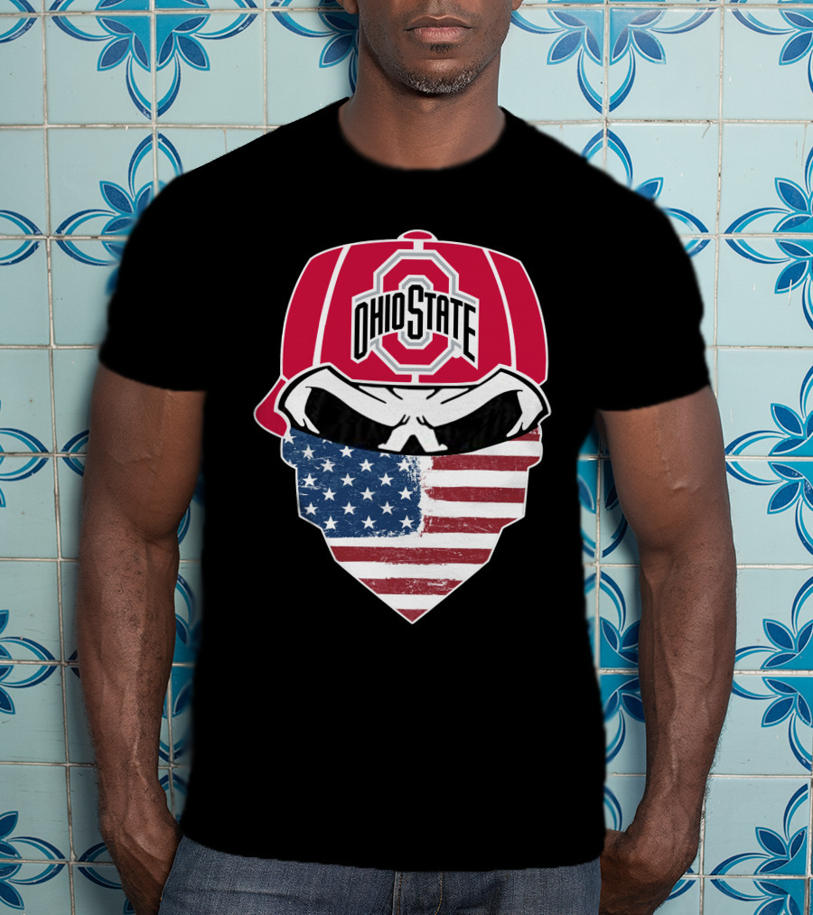 Ohio State Buckeyes Skull American Flag Bandana T-Shirt