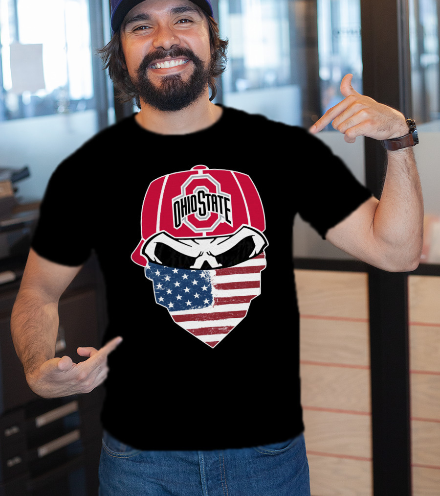 Ohio State Buckeyes Skull American Flag Bandana T-Shirt