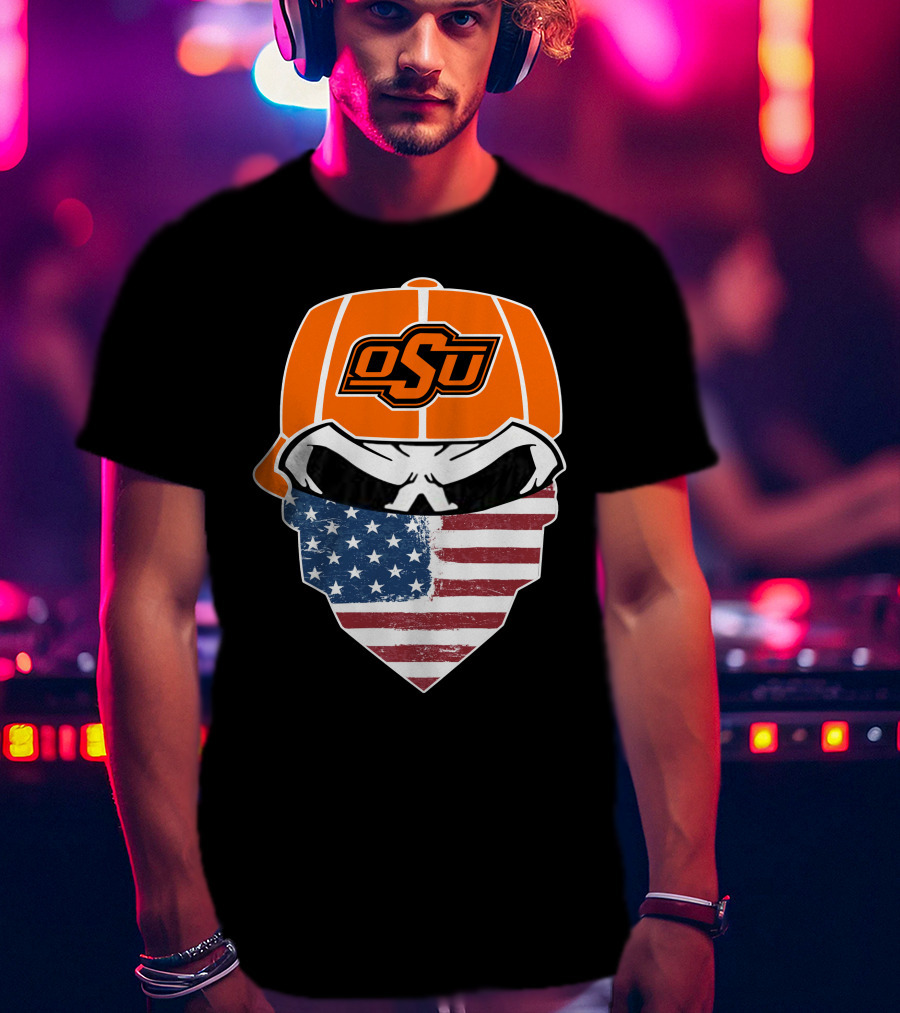 Oklahoma State OSU Skull American Flag Bandana T-Shirt