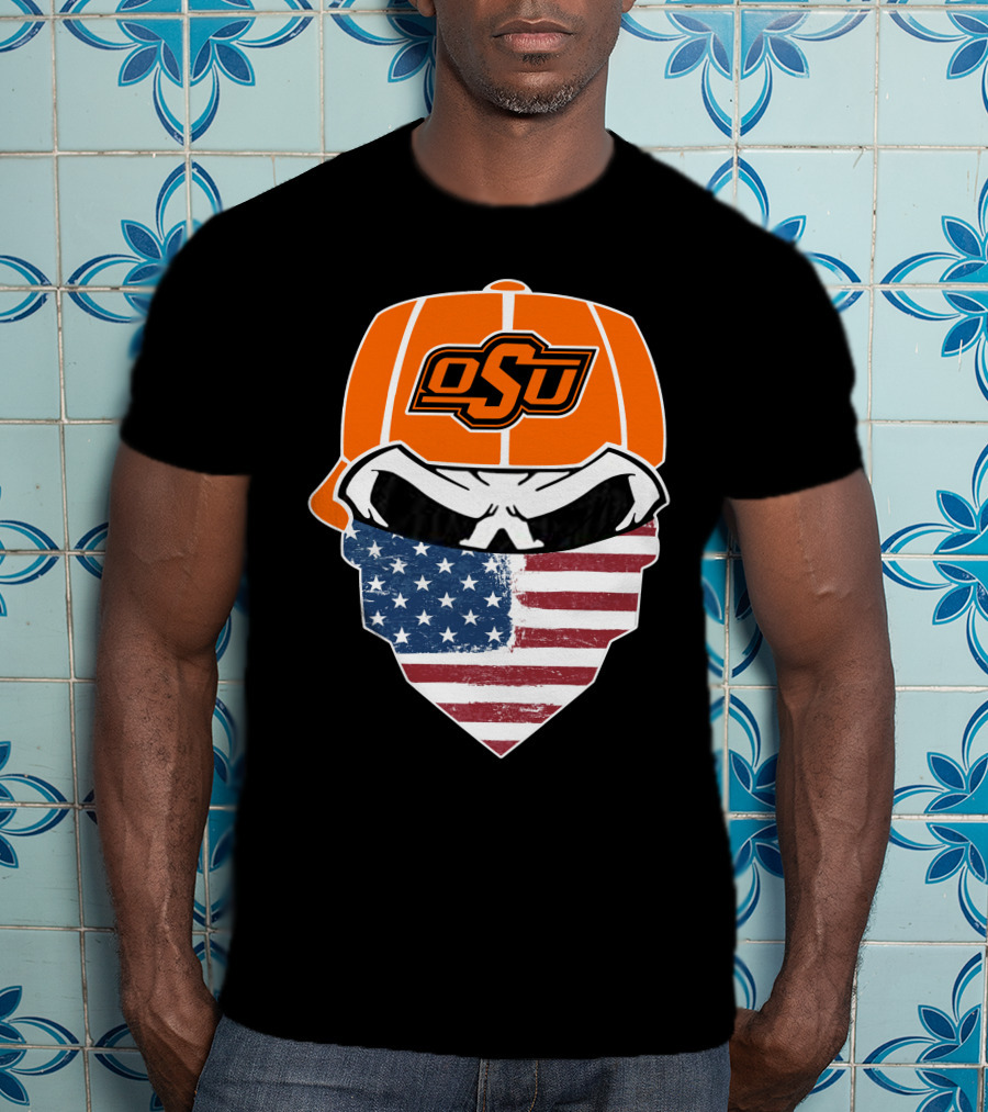 Oklahoma State OSU Skull American Flag Bandana T-Shirt