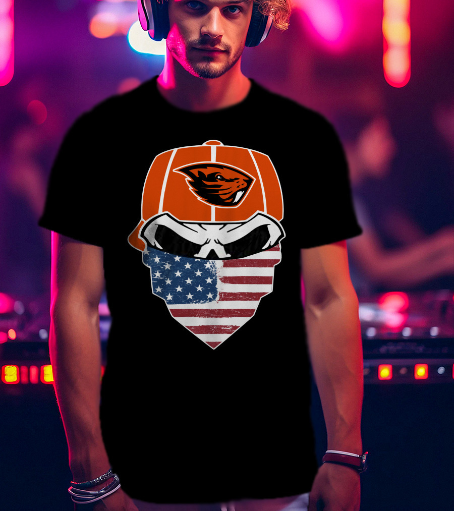Oregon State Beavers Skull American Flag Bandana T-Shirt