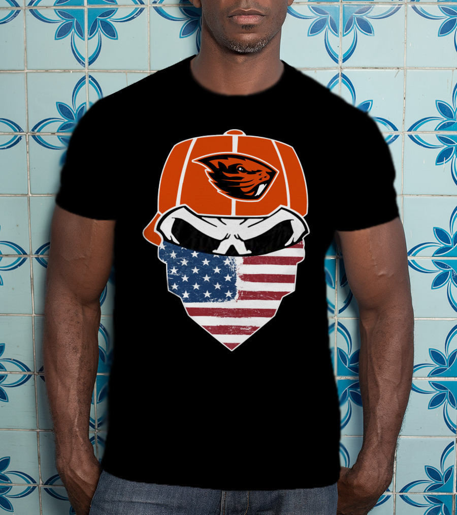 Oregon State Beavers Skull American Flag Bandana T-Shirt