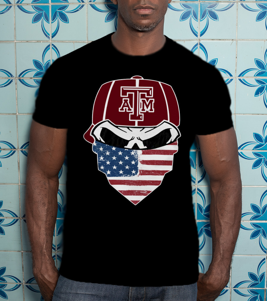 Texas A&M Aggies Skull With American Flag Bandana T-Shirt