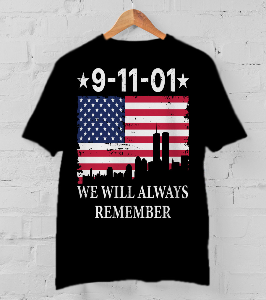 9-11-01 We Will Always Remember Twin Towers American Flag Skyline T-Shirt