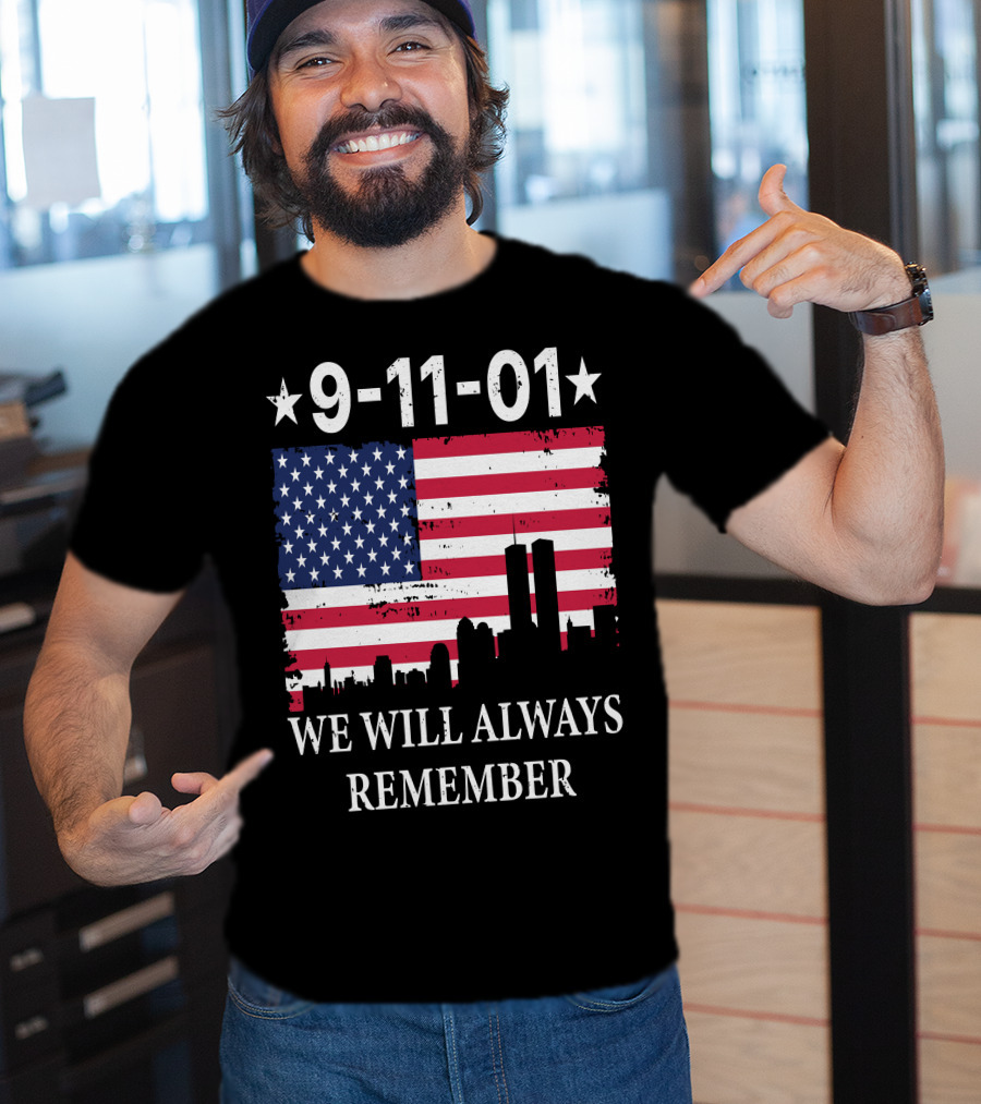 9-11-01 We Will Always Remember Twin Towers American Flag Skyline T-Shirt