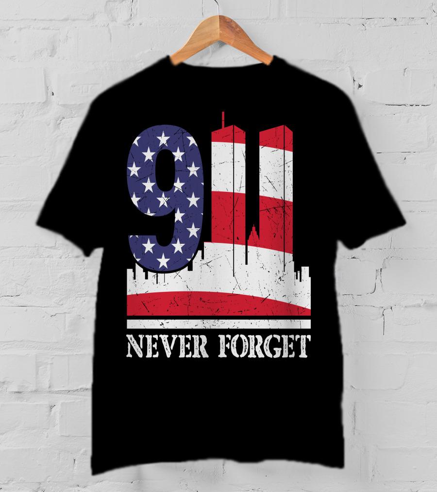 9 11 Never Forget Twin Towers American Flag T-Shirt
