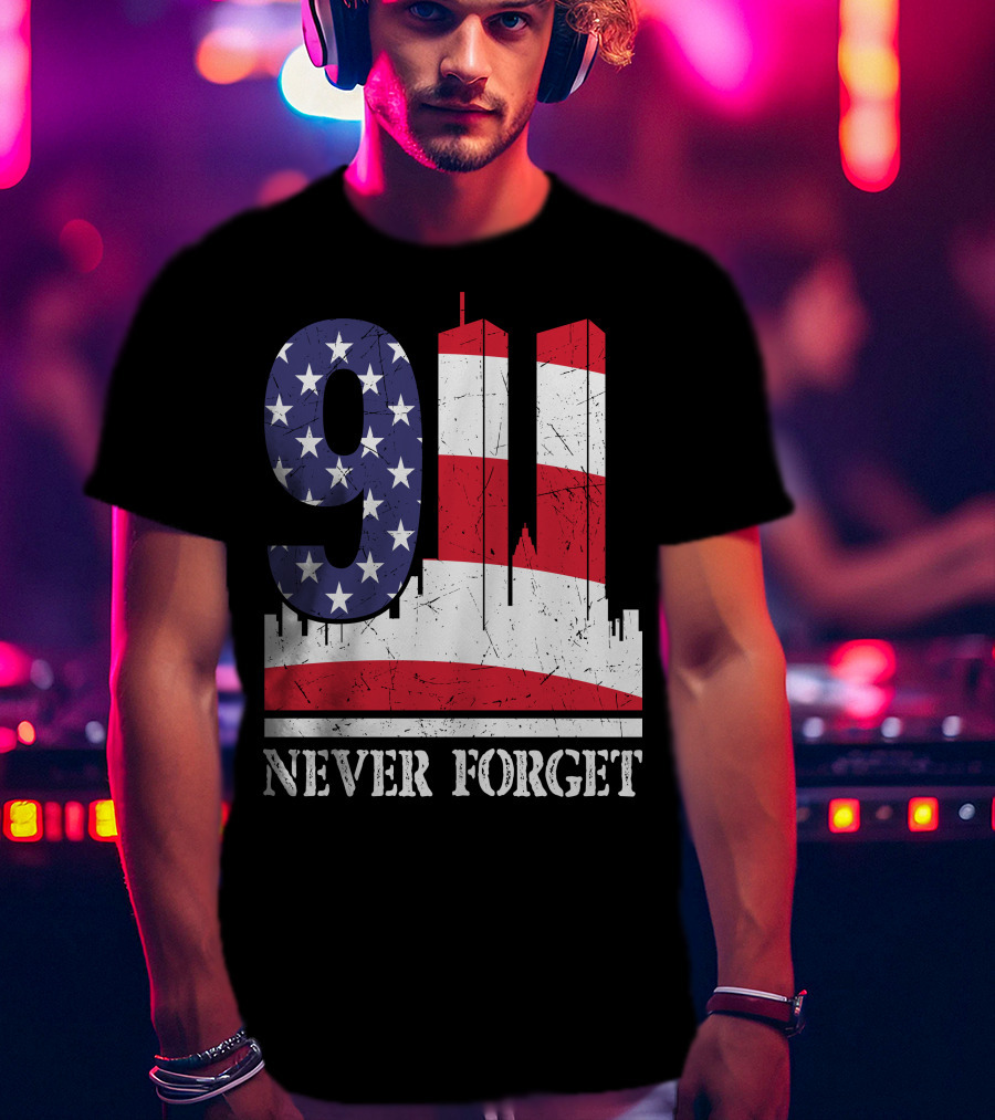 9 11 Never Forget Twin Towers American Flag T-Shirt