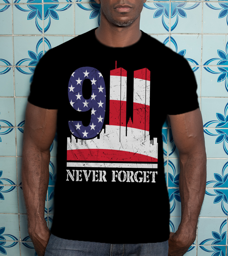 9 11 Never Forget Twin Towers American Flag T-Shirt