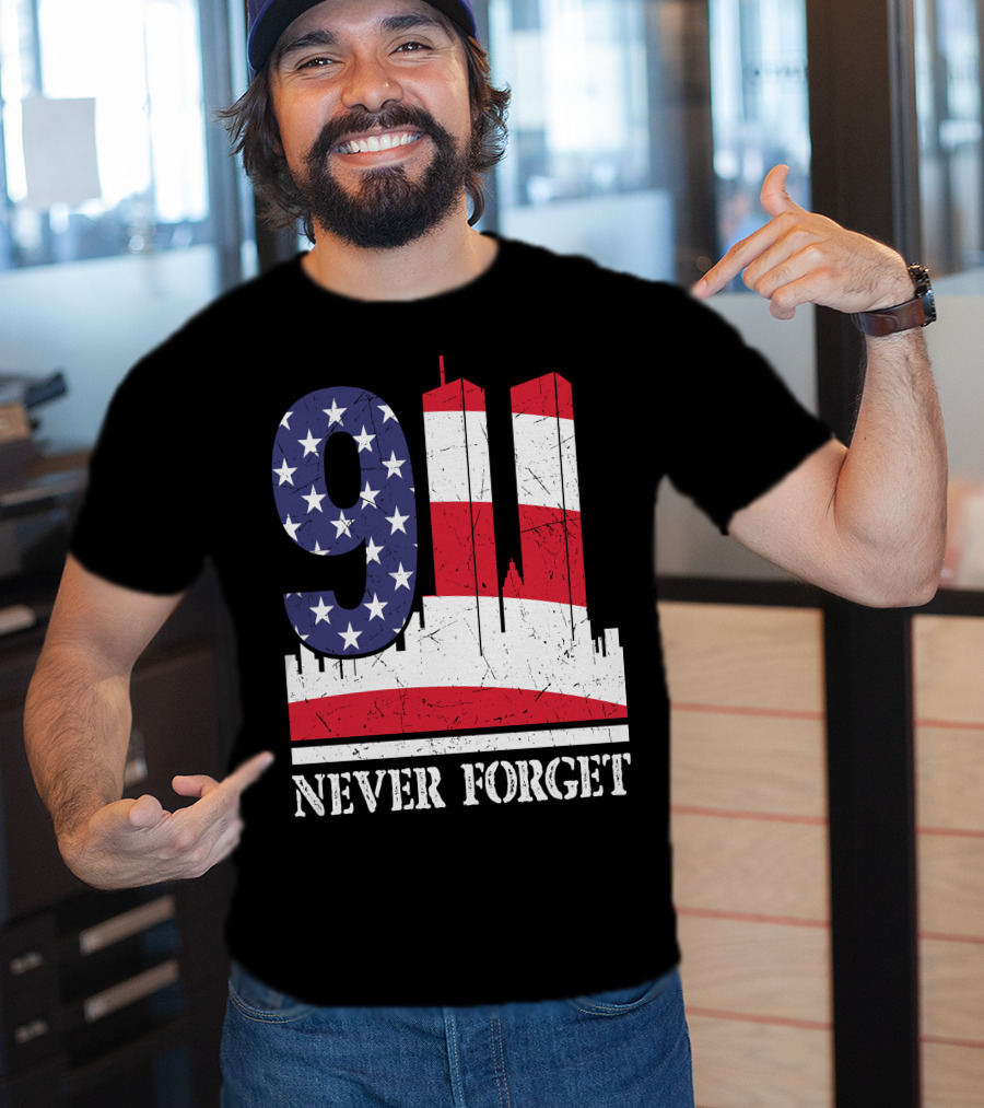 9 11 Never Forget Twin Towers American Flag T-Shirt