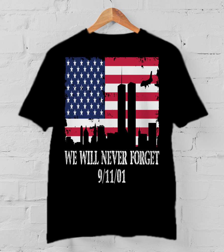 We Will Never Forget 9/11/01 American Flag Twin Towers T-Shirt