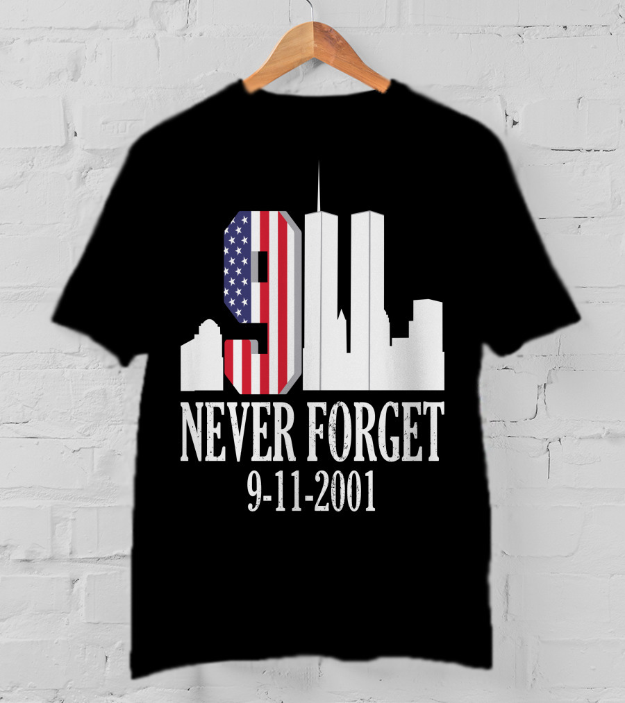 Never Forget 9-11-2001 American Flag Twin Towers Skyline T-Shirt