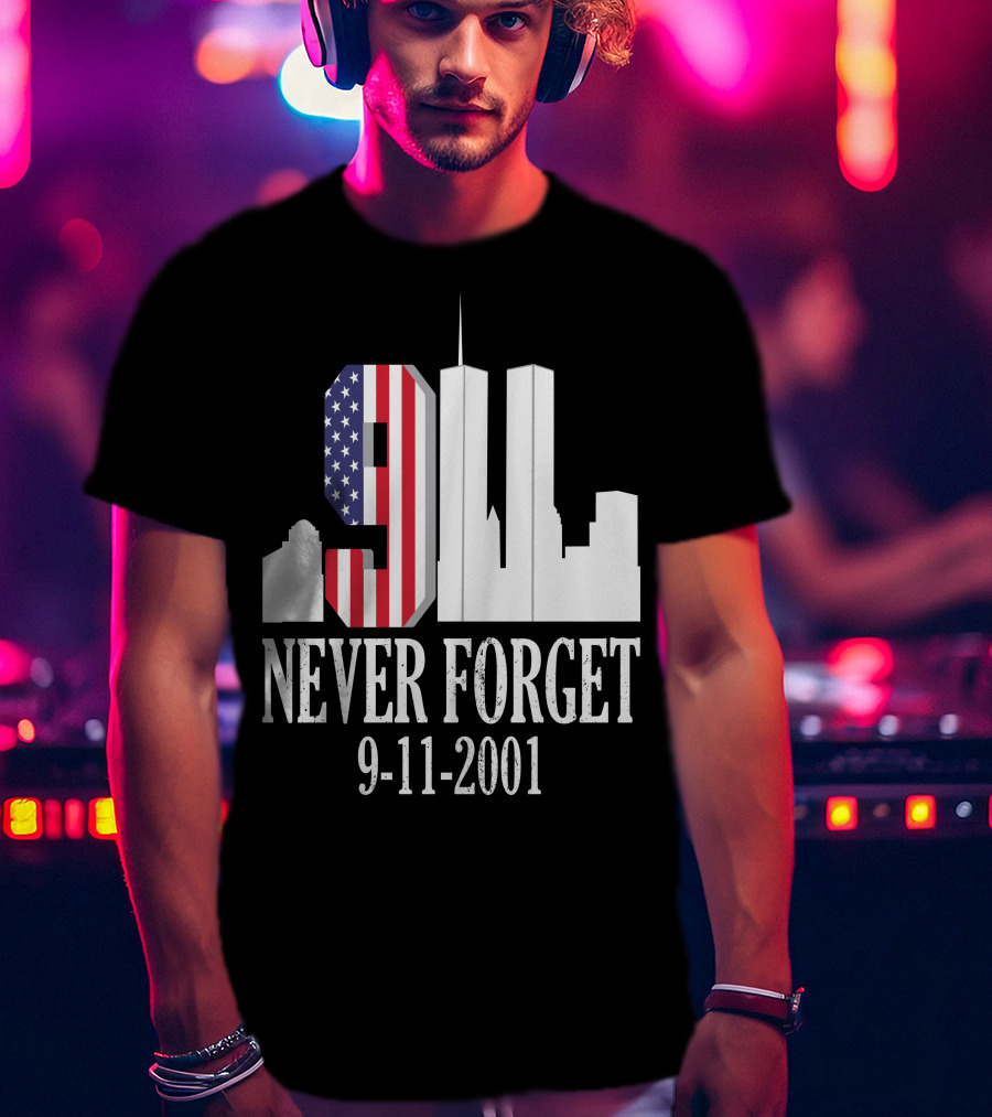 Never Forget 9-11-2001 American Flag Twin Towers Skyline T-Shirt
