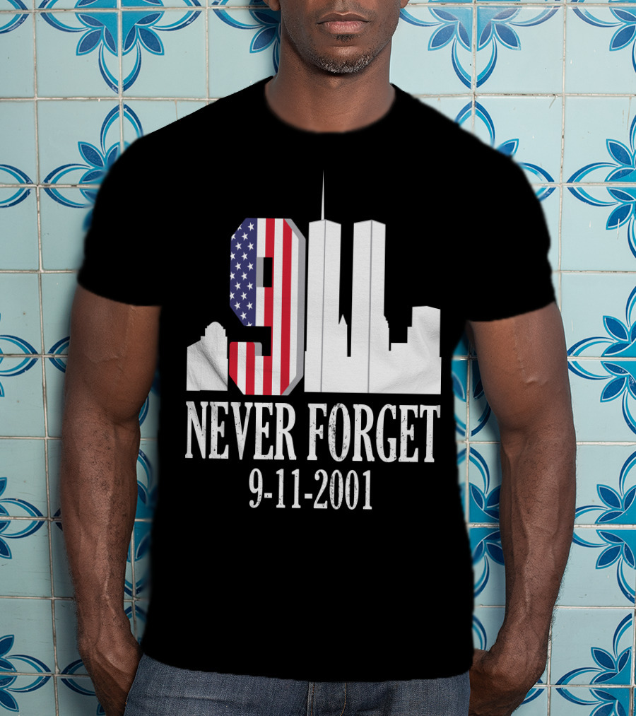 Never Forget 9-11-2001 American Flag Twin Towers Skyline T-Shirt