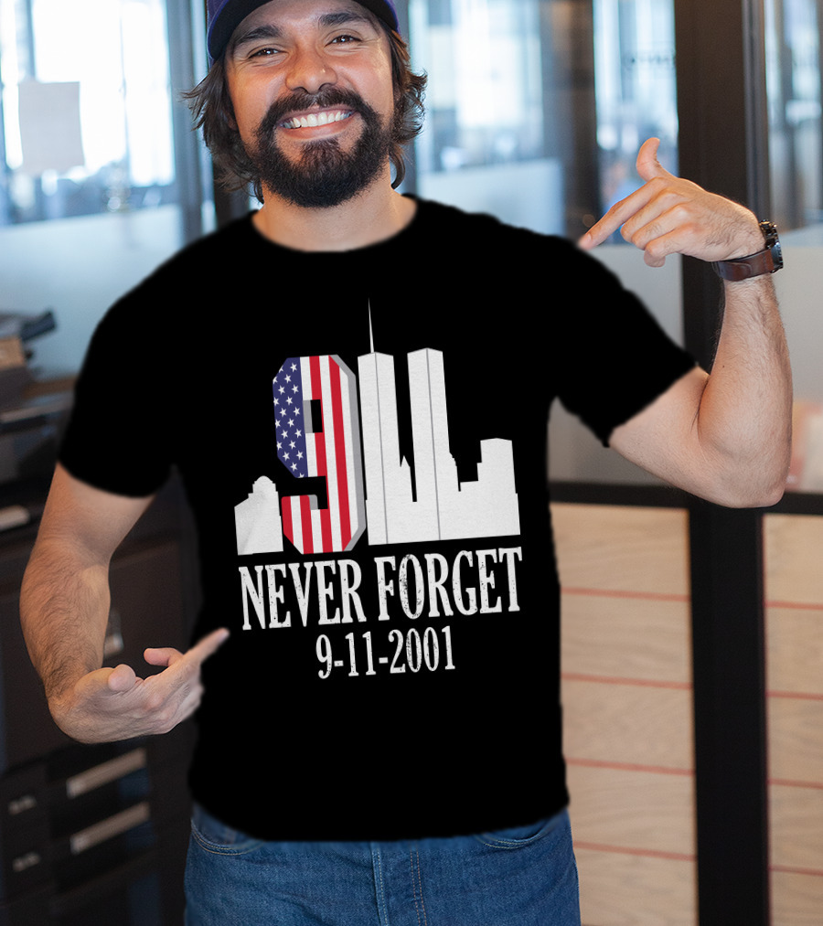 Never Forget 9-11-2001 American Flag Twin Towers Skyline T-Shirt