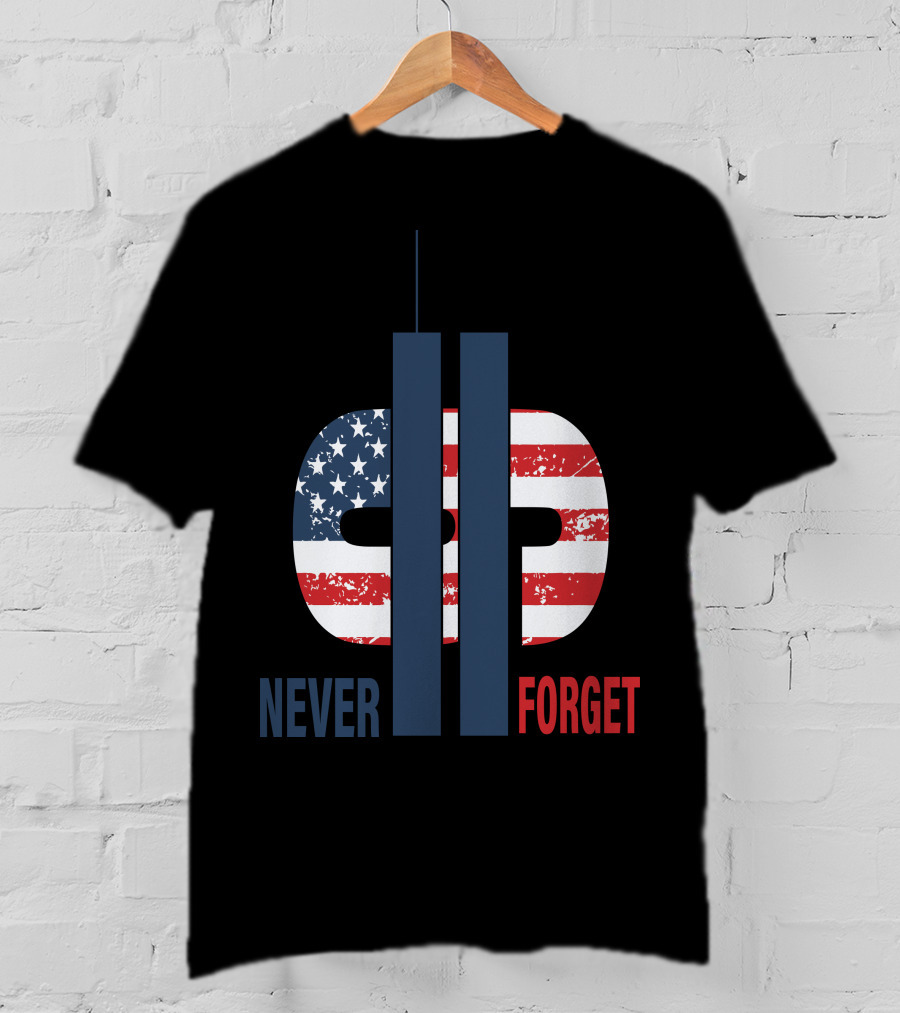 Never Forget 9.11 American Flag Tribute With Twin Towers Symbol T-Shirt