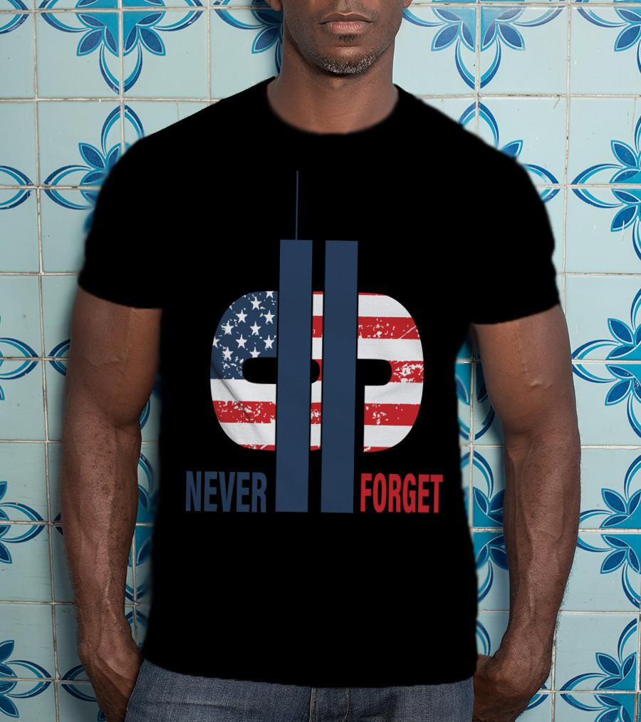Never Forget 9.11 American Flag Tribute With Twin Towers Symbol T-Shirt
