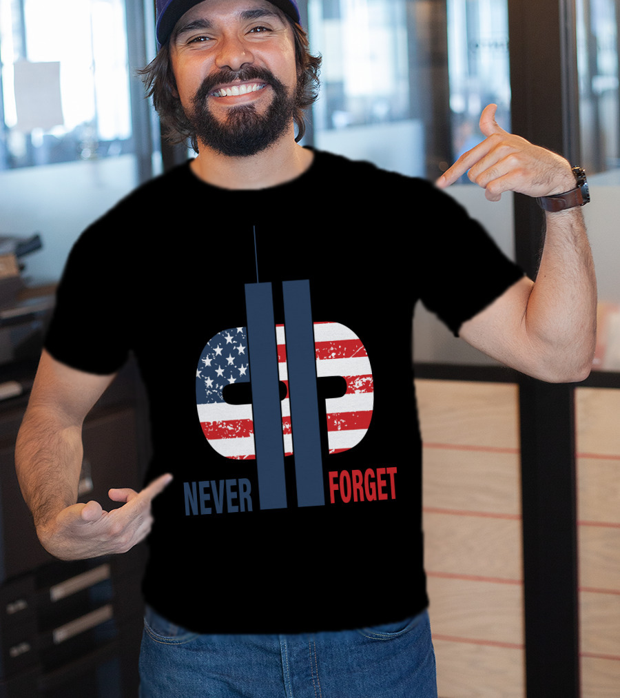 Never Forget 9.11 American Flag Tribute With Twin Towers Symbol T-Shirt