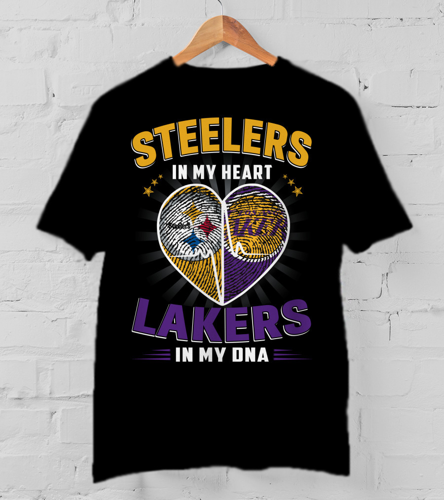 Steelers In My Heart Lakers In My Dna Fingerprint Heart T-Shirt