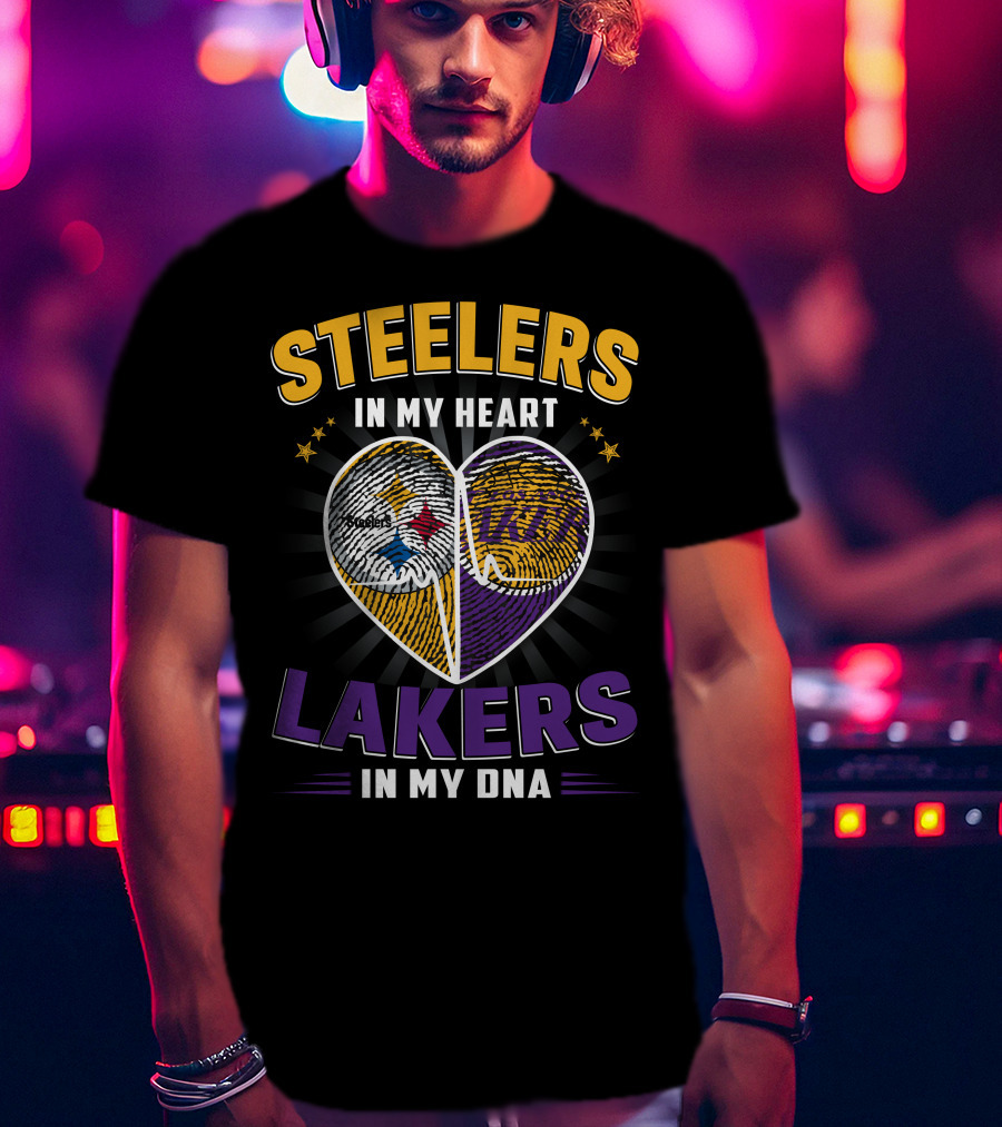 Steelers In My Heart Lakers In My Dna Fingerprint Heart T-Shirt
