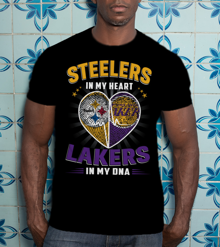 Steelers In My Heart Lakers In My Dna Fingerprint Heart T-Shirt