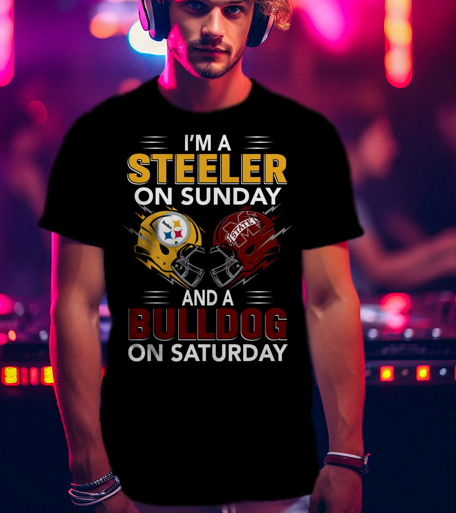 I'm A Steeler On Sunday And A Bulldog On Saturday Football Helmet Design With Team Logos T-Shirt