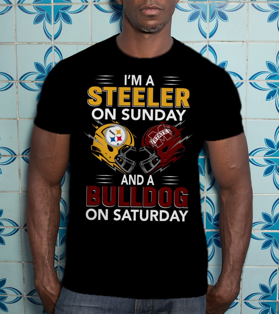 I'm A Steeler On Sunday And A Bulldog On Saturday Football Helmet Design With Team Logos T-Shirt
