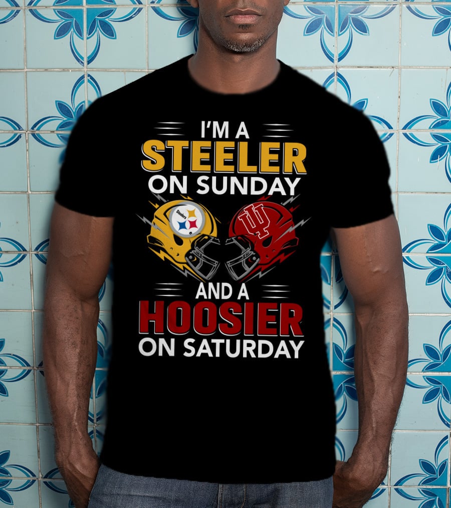 I'm A Steeler On Sunday And A Hoosier On Saturday Football Helmets Collide T-Shirt