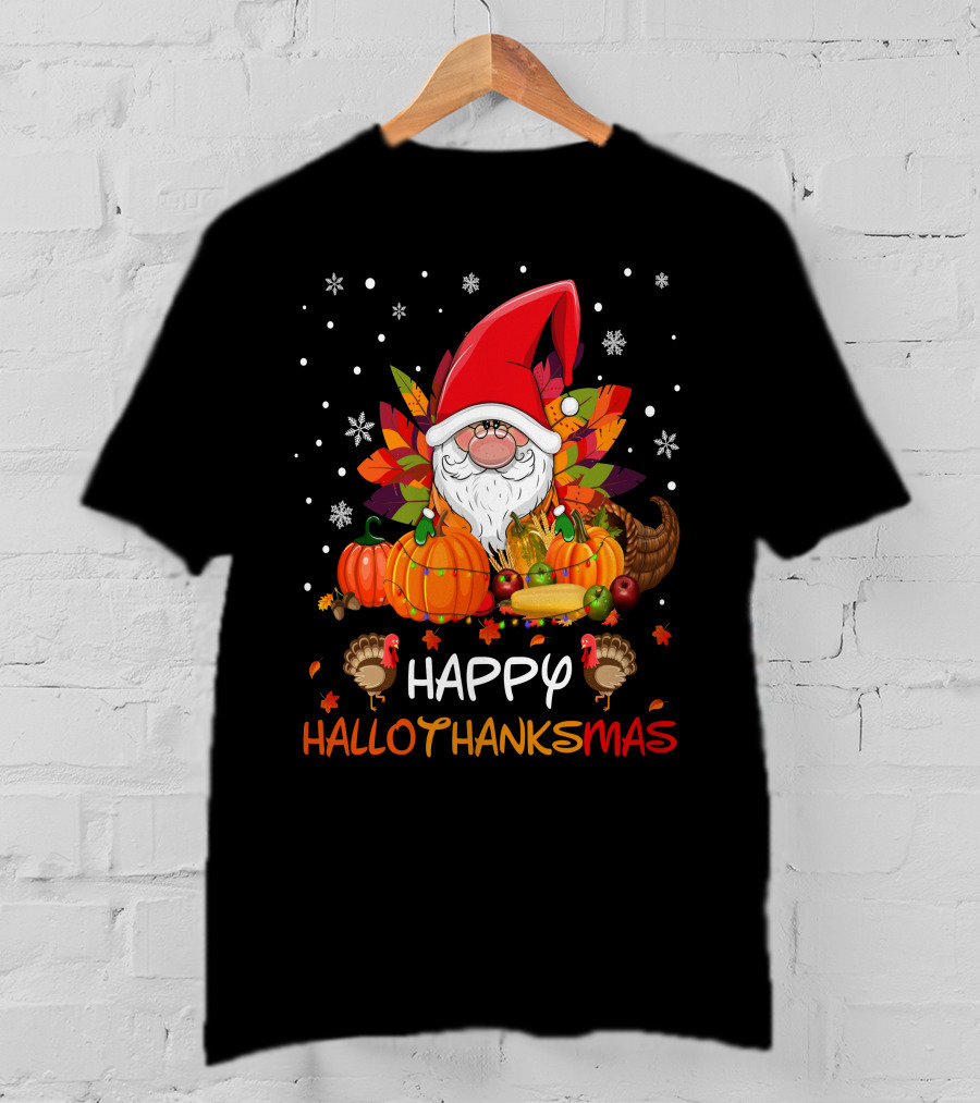 Happy HalloThanksMas Santa Hat Pumpkins Turkeys Cornucopia Snowflakes T-Shirt