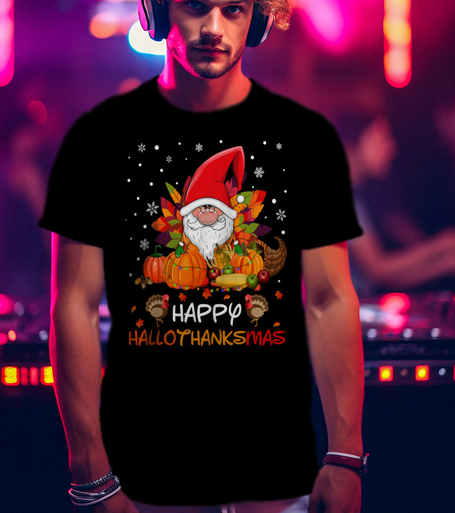 Happy HalloThanksMas Santa Hat Pumpkins Turkeys Cornucopia Snowflakes T-Shirt