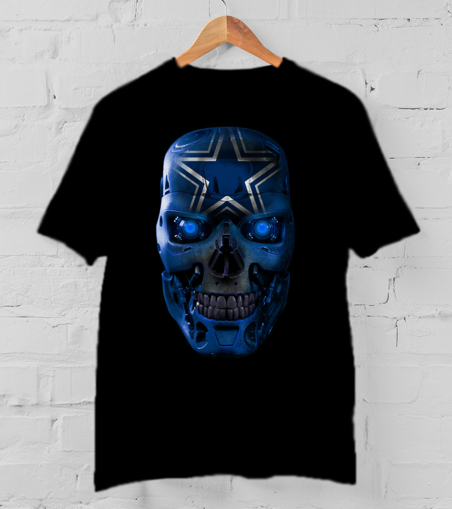 Skull Cowboys Blue Metallic Star Cyborg Helmet T-Shirt