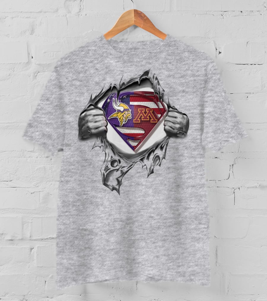 Minnesota Vikings Gophers Superman Logo American Flag T-Shirt