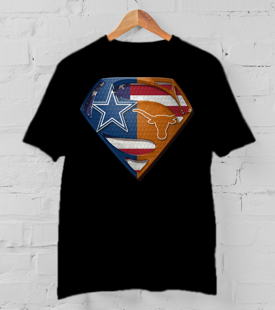 Dallas Cowboys Texas Longhorns Star And Longhorn Superman Shield Flag T-Shirt