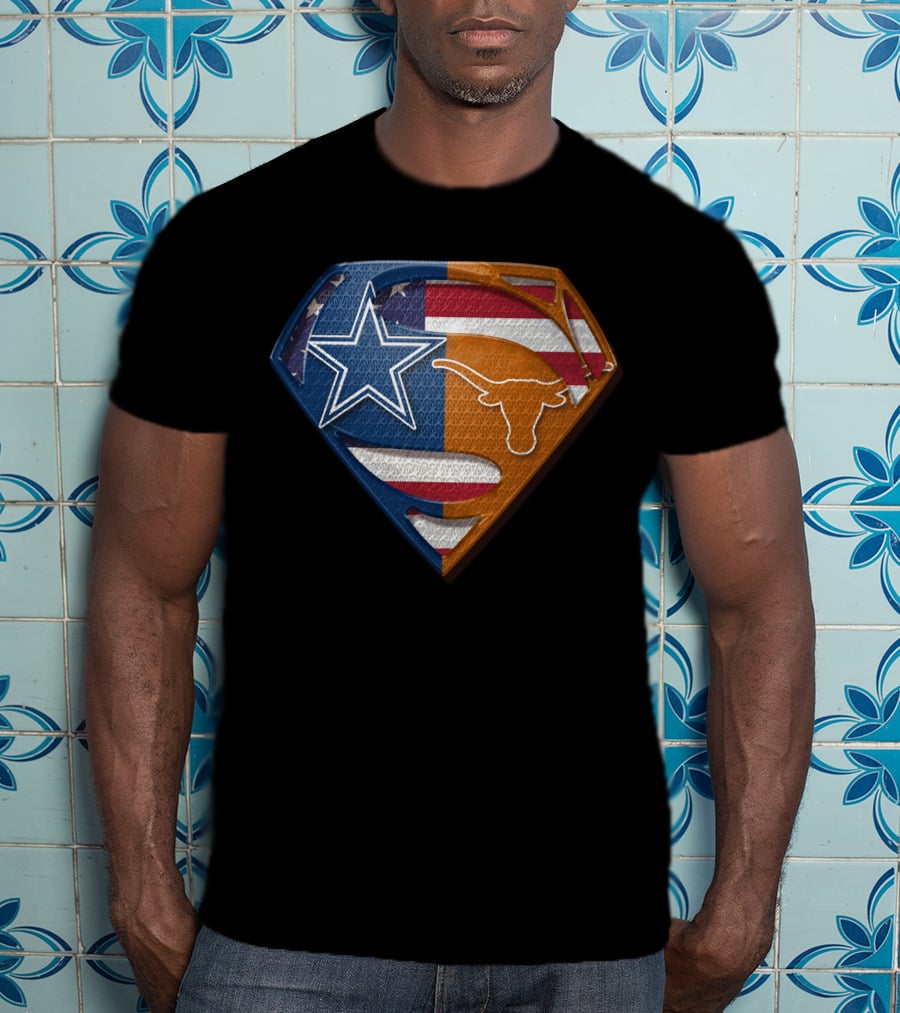 Dallas Cowboys Texas Longhorns Star And Longhorn Superman Shield Flag T-Shirt