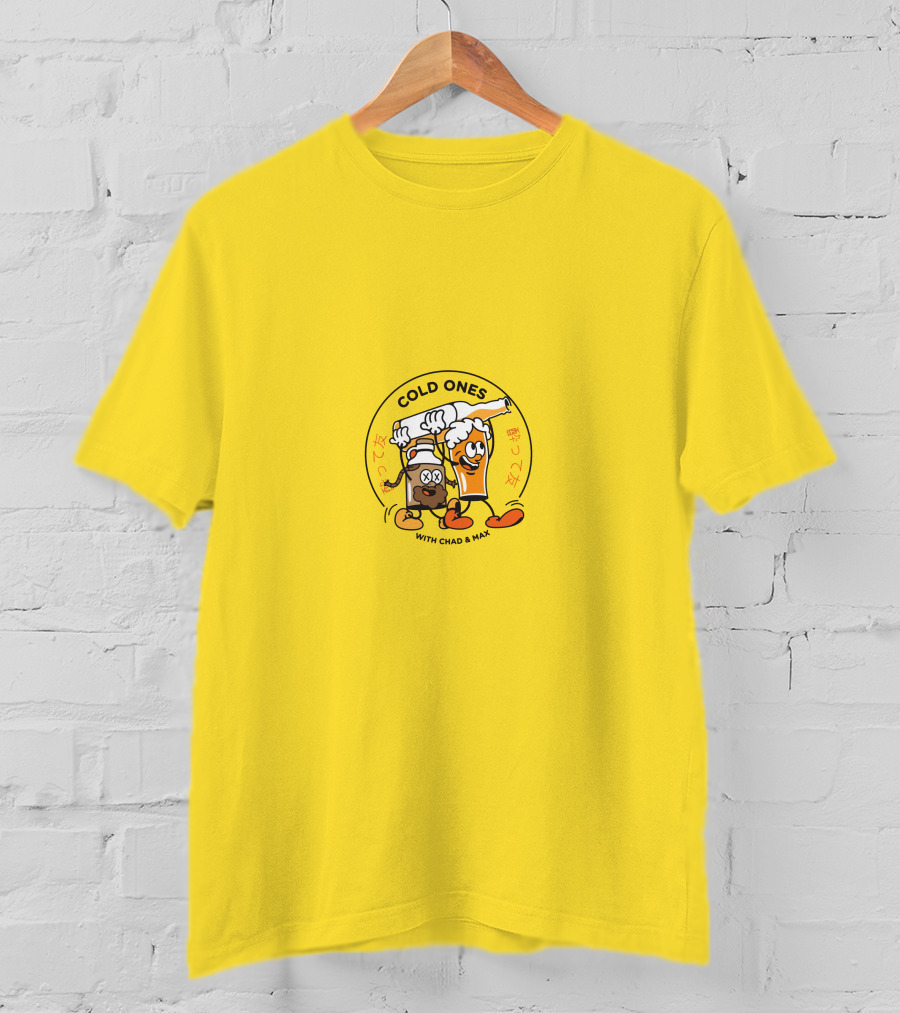 Cold Ones With Chad And Max Cartoon Beers Yellow Background T-Shirt