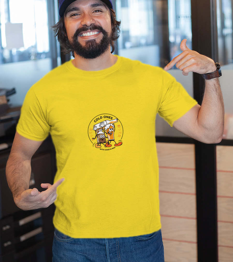 Cold Ones With Chad And Max Cartoon Beers Yellow Background T-Shirt