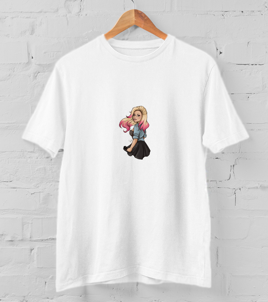 Demi Lovato Cartoon Pink Hair Black Skirt Denim T-Shirt