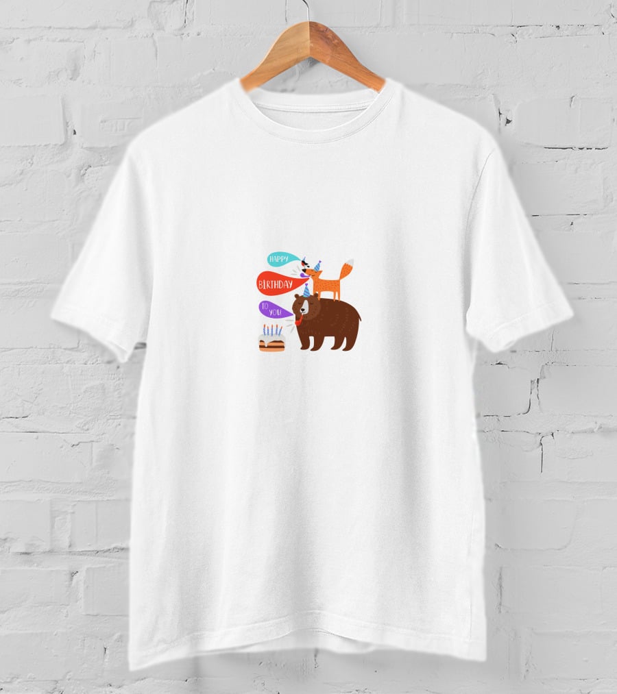 Happy Birthday Party Animal Bear And Fox With Cake T-Shirt