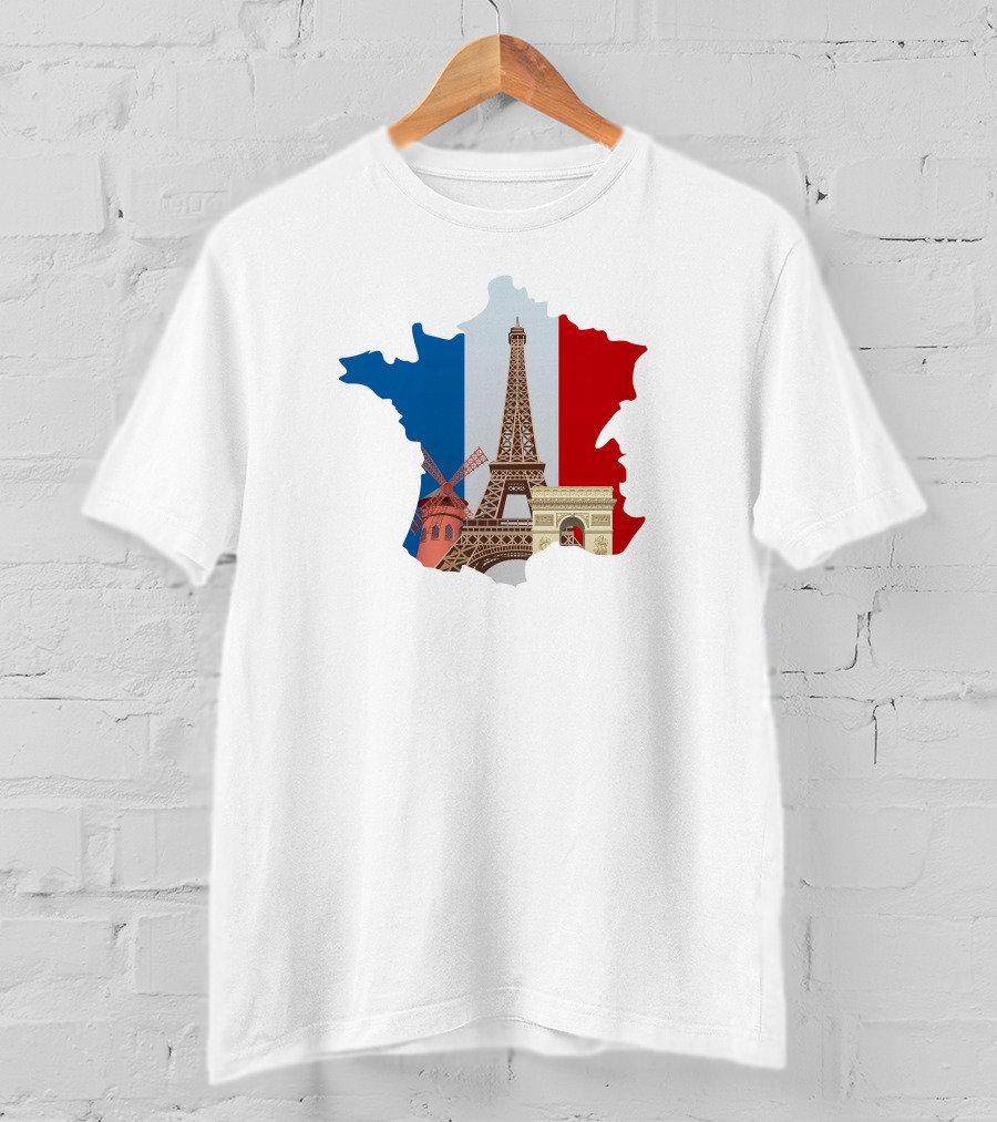 France Map With Eiffel Tower And Moulin Rouge On Tricolor Flag T-Shirt