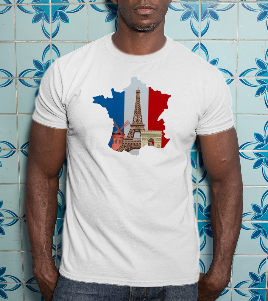France Map With Eiffel Tower And Moulin Rouge On Tricolor Flag T-Shirt