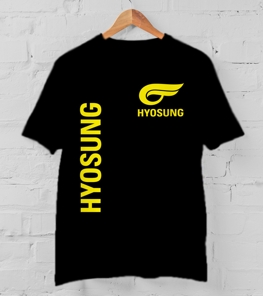 HYOSUNG Logo Stylized Yellow Text Brand T-Shirt
