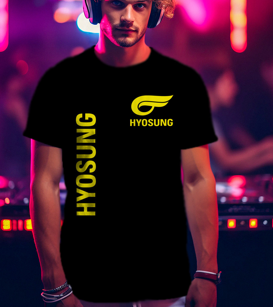 HYOSUNG Logo Stylized Yellow Text Brand T-Shirt