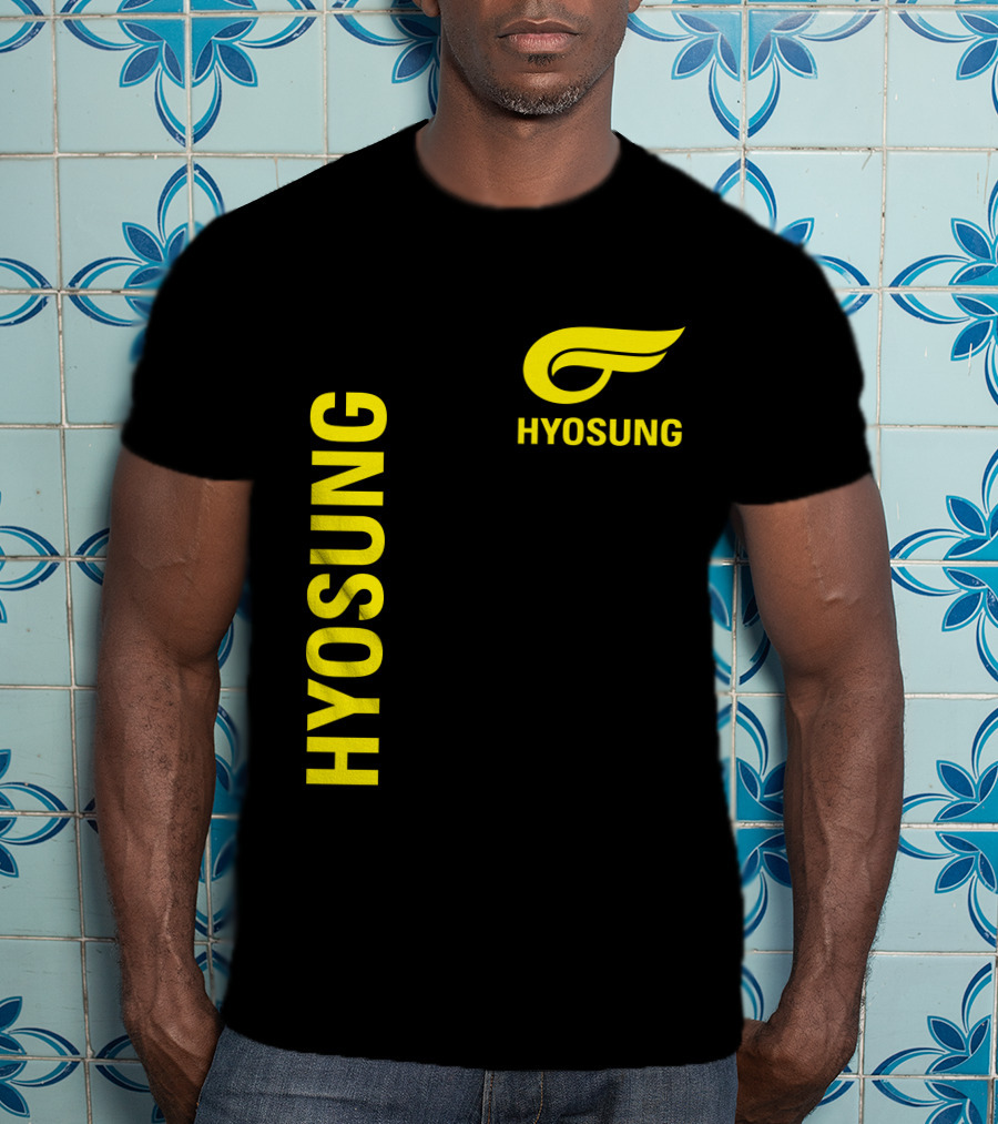 HYOSUNG Logo Stylized Yellow Text Brand T-Shirt