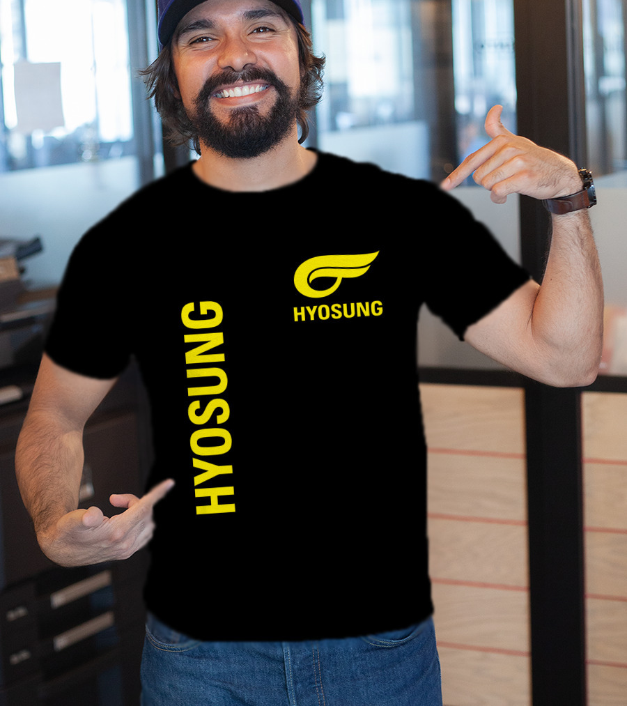 HYOSUNG Logo Stylized Yellow Text Brand T-Shirt